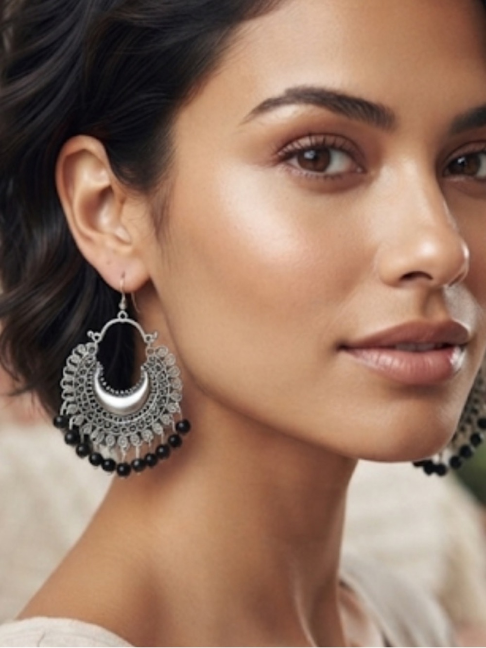Boho Silver Crescent Hoop Earrings with Black Beads